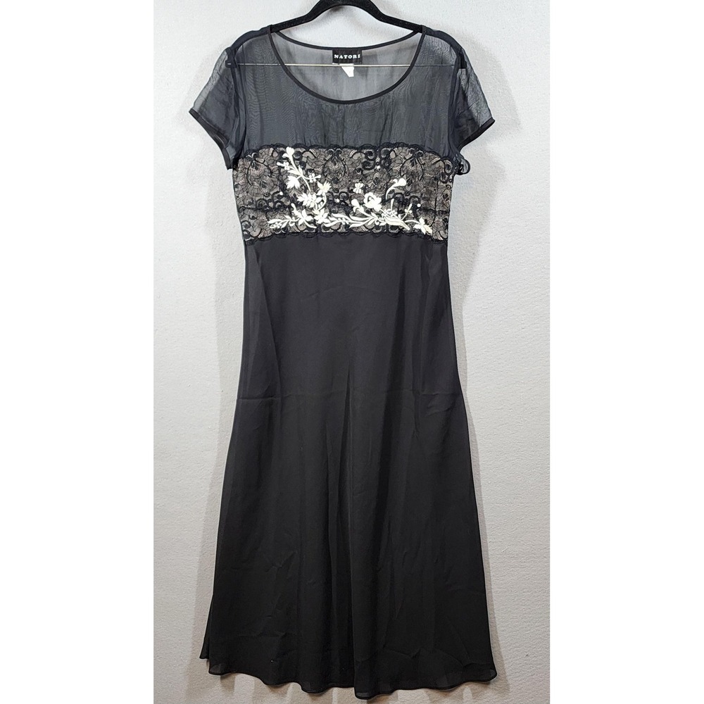 Vintage Natori Nightgown Chemise Womens Medium Black Sheer Lace Embroidered
